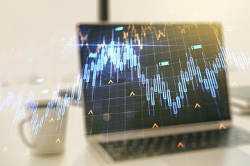 Multi exposure of abstract creative financial chart with world map on laptop background, research and analytics concept