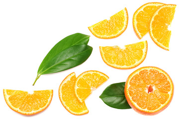 sliced orange with green leaf isolated on white background top view