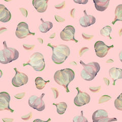 Garlic seamless color pattern. Purple pink root vegetable, spices. Hands gouache illustration. Appetizing juicy design for wallpapers, fabrics, cafes, menus, screensavers, textiles, gardening.