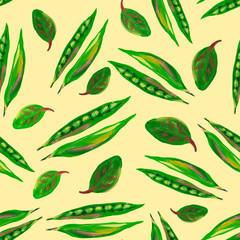 Green peas seamless color pattern. Hands gouache illustration. Appetizing juicy design for wallpapers, fabrics, cafes, menus, screensavers, textiles, gardening.