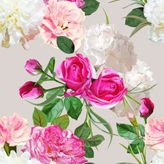 Rose pink  flower and carnation seamless pattern vector illustration