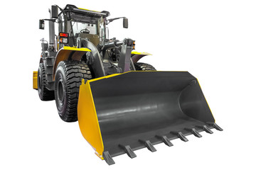 Fototapeta premium Yellow bulldozer tractor with a large bucket in front, isolated on white background.