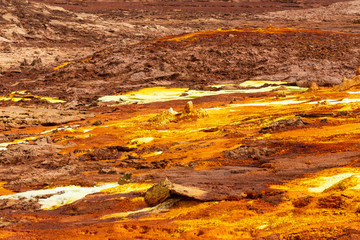Colorful incredible abstract apocalyptic landscape like moonscape of Dallol Lake in Crater of Dallol Volcano, Danakil Depression, Ethiopia
