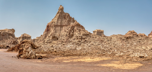 High rock formations rise in the Danakil depression like stone rock city. Landscape like Moonscape, Danakil depression, Ethiopia, Africa