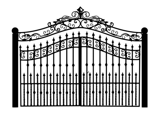 Gates forged sketch. Artistic forging. Iron door design. illustration isolated on white background. Exterior. Garden gate.