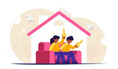 Buying a home concept. Young family sits on the couch in a new house with keys in their hands. Buying a new apartment with the help of a bank. Isolated vector illustration