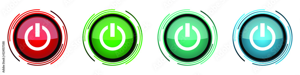 Poster Power round glossy vector icons, set of buttons for webdesign, internet and mobile phone applications in four colors options isolated on white background