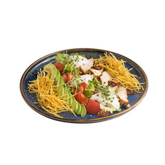 Healthy salad with chicken fillet, tomatoes, avocado, lettuce. On isolated white.