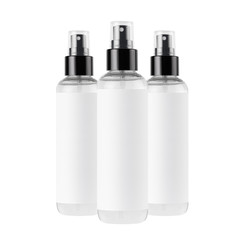 Three tall transparent spray dispenser bottles for cosmetics product with white label, isolated, mock up for branding, design.