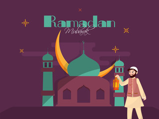 Ramadan Mubarak Poster Design with Muslim Man holding Lantern in Front of Mosque and Crescent Moon.