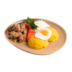 Polenta With Meat in Sauce and egg, isolated on white