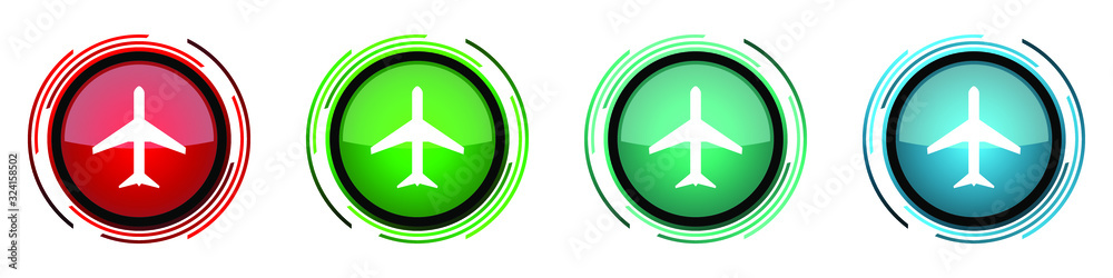 Aufkleber Plane round glossy vector icons, flight, airplane set of buttons for webdesign, internet and mobile phone applications in four colors options isolated on white background