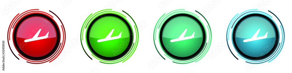 Poster arrivals round glossy vector icons, flight, airplane set of buttons for webdesign, internet and mobi