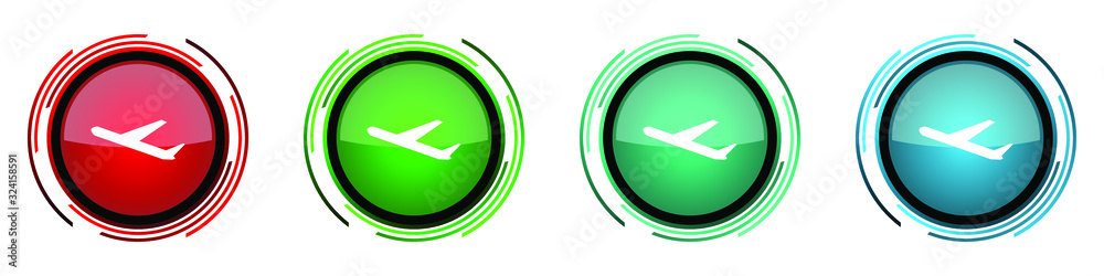 Aufkleber Deparures round glossy vector icons, flight, airplane set of buttons for webdesign, internet and mobile phone applications in four colors options isolated on white background