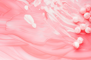 Smooth wet pink and white painted abstract background with lines brush strokes, daub and circles.