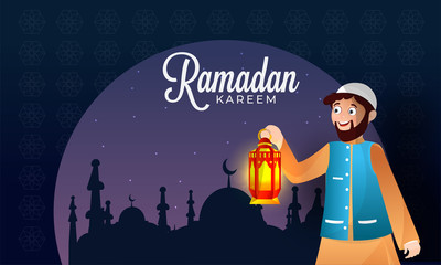 Ramadan Kareem Celebration Concept with Cartoon Man holding Illuminated Lantern in Front of Silhouette Mosque and Starlight on Blue Arabic Pattern Background.