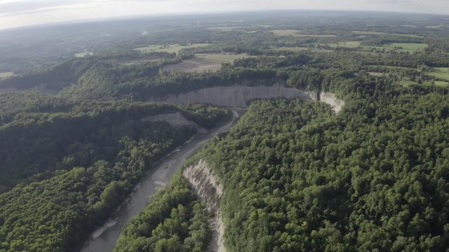 Drone footage of Zoar Valley, New York. This is one clip of many in this series - each of which shows a different angle of the valley and slightly different contents (rivers / mountains) in the frame.
