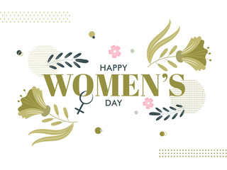 Happy Women's Day Text with Female Gender Sign, Flowers and Leaves on White Background.