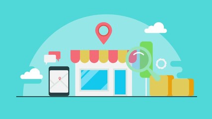 Local seo, local business optimization with geo tag technology,  local shop search marketing on smart device concept. 2d animation video clip.