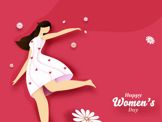 Paper Cut Cartoon Modern Young Girl with Flowers on Red Background for Happy Women's Day Celebration.
