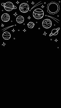 Cosmos template for stories, empty space for text. Hand-drawn doodle stars and planets of the solar system, white line art on black backround. Vertical format. Stock vector illustration isolated.
