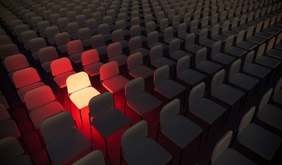 Concept or conceptual orange armchair standing out in a  conference room as a metaphor for leadership, vision and strategy. A 3d illustration of individuality, creativity and achievement