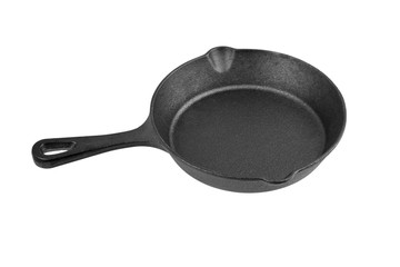 Cast iron pan with handle isolated on white background. One black empty frying skillet. Kitchen equipment, cookware