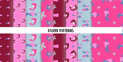 EASTER SEAMLESS PATTERNS. set of abstract vector paper with decorative flowers, shapes and symbols of easter day.