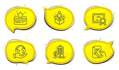Augmented reality sign. Diploma certificate, save planet chat bubbles. Repair document, Skyscraper buildings and Loyalty card line icons set. Spanner tool, Town architecture, Bonus points. Vector