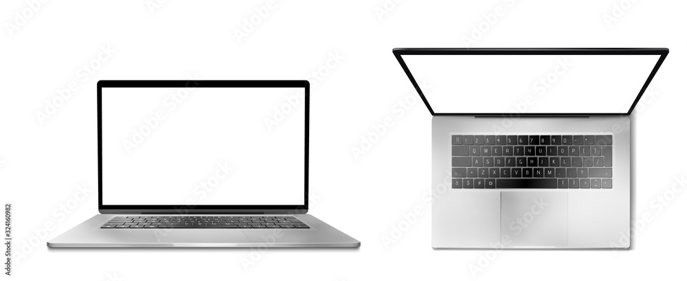 Poster laptop computer with white screen and keyboard front and top view. vector realistic mockup of modern