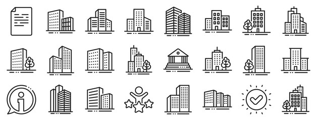 Bank, Hotel, Courthouse. Buildings line icons. City, Real estate, Architecture buildings icons. Hospital, town house, museum. Urban architecture, city skyscraper, downtown. Vector