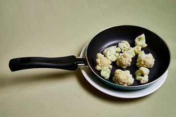 Cooking. Broccoli on a pan on a light background