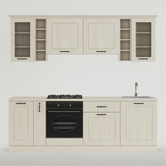 Kitchen. Furniture and kitchen equipment on a white background. Clipping path included. 3D rendering.