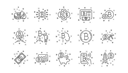 Blockchain, Crypto ICO and Cryptocurrency. Bitcoin line icons. Mining linear icon set. Geometric elements. Quality signs set. Vector