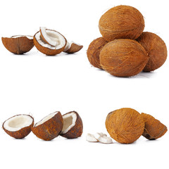 Collage of broken coconut pieces isolated on white background