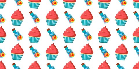 Seamless baby pattern. cupcake cakes and potion bottles. Drink Me. Alice in the Wonderland..