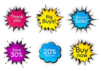 Buy now, 20% discount and save 30%. Comic speech bubble. Thank you, hi and yeah phrases. Sale shopping text. Chat messages with phrases. Colorful texting comic speech bubble. Vector