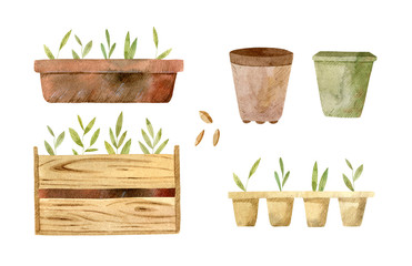 Flower pots and containers with for growing plants. Watercolor illustrations - perfect graphics for garden party invitations, print, greeting cards.