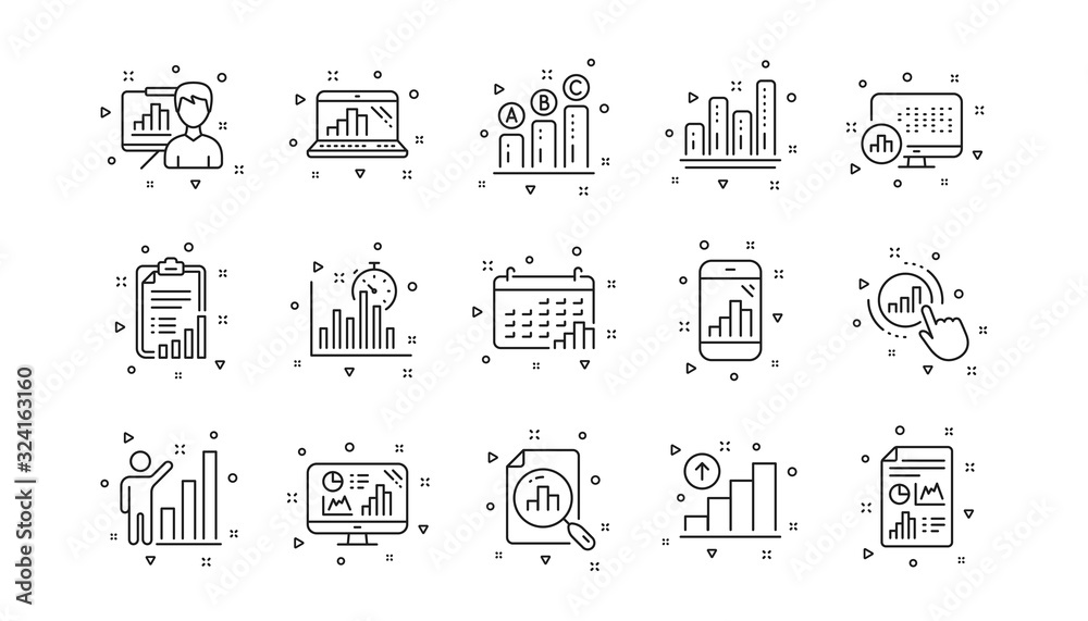 Poster charts and graphs, presentation and report. graph line icons. analytics linear icon set. geometric e