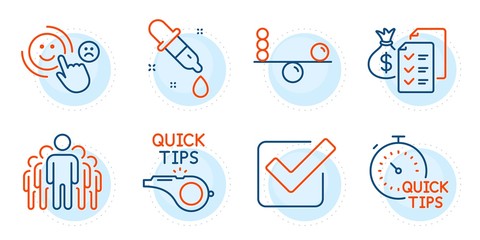 Checkbox, Customer satisfaction and Chemistry pipette signs. Tutorials, Quick tips and Accounting wealth line icons set. Balance, Group symbols. Quick tips, Helpful tricks. Education set. Vector