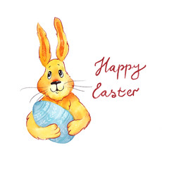 Cute rabbit with a blue egg. Funny easter character illustration isolated on white background Stock illustration for design