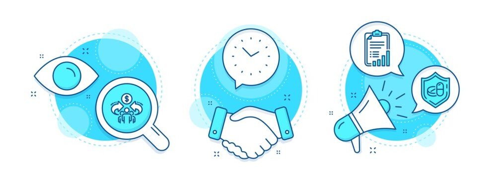 Checklist, Sharing economy and Time line icons set. Handshake deal, research and promotion complex icons. Medical tablet sign. Graph report, Share, Clock. Medicine pill. Science set. Vector