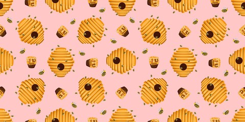 Seamless tinder pattern. Bee house. Beehive. Pink background. honeycomb. Children's design..