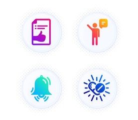 Clock bell, Approved document and Agent icons simple set. Button with halftone dots. Medical drugs sign. Alarm, Like symbol, Business person. Medicine pills. Business set. Vector
