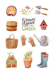 Garden gloves, clay flower pot, bird house, straw hat, straw (woven) bag, garden gardener's trowel, garden rake, blue rubber boots, apron, garden gloves. Different garden tools (equipment) composition