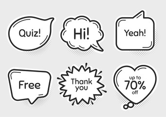 Comic chat bubbles. Quiz, 70% discount and free. Thank you, hi and yeah phrases. Sale shopping text. Chat messages with phrases. Drawing texting thought speech bubbles. Vector