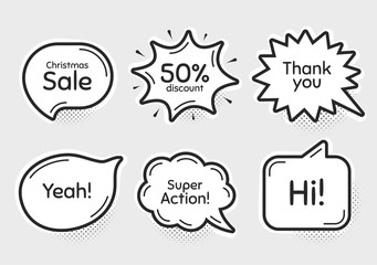 Comic chat bubbles. Super action, 50% discount and christmas sale. Thank you, hi and yeah phrases. Sale shopping text. Chat messages with phrases. Drawing texting thought speech bubbles. Vector