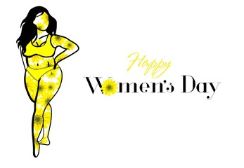 Women with different skin colors. Afroamer Ikan, European, Asian, Scandinavian. Body positive concept. Any body is beautiful. Motivational inscription. Women in swimsuits isolated on a white backgroun