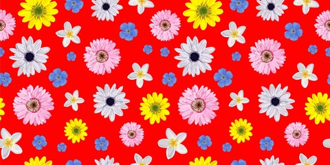 Background pink with flower. Seamless simple floral pattern on a red background. Scarlet color.