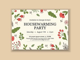 Creative template with invitation text and blossom design vector illustration. Housewarming party celebration flat style. Floral decoration on beige background. Fun event concept
